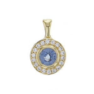 Faller brilliant cut sapphire gemstone & diamond halo 18ct yellow gold ladies pendant with chain, 18kt, designer, handmade by Faller, Derry/ Londonderry, hand crafted, precious sapphire gem jewellery, jewelry