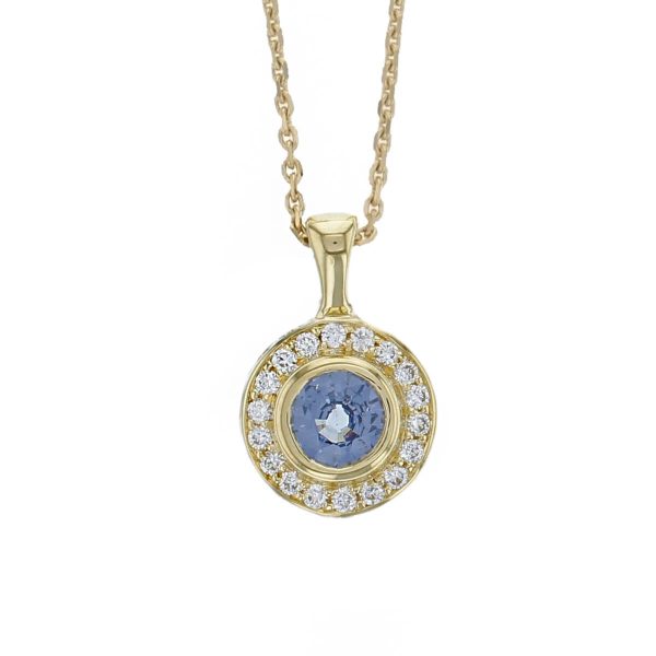 Faller brilliant cut sapphire gemstone & diamond halo 18ct yellow gold ladies pendant with chain, 18kt, designer, handmade by Faller, Derry/ Londonderry, hand crafted, precious sapphire gem jewellery, jewelry