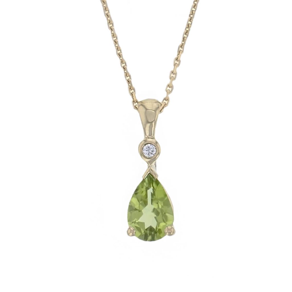 pear cut peridot gemstone & diamond 18ct yellow gold ladies pendant with chain