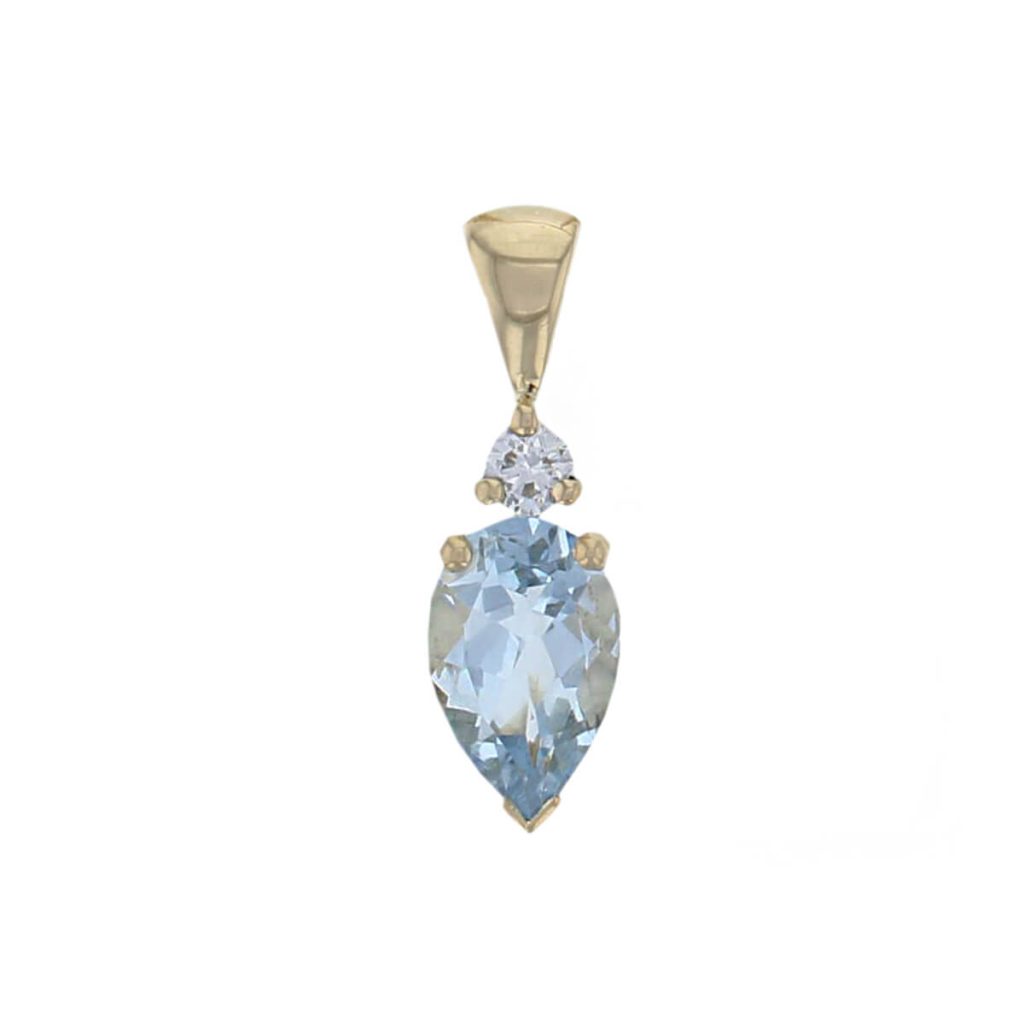 Faller pear cut aquamarine gemstone & diamond 18ct yellow gold ladies pendant with chain