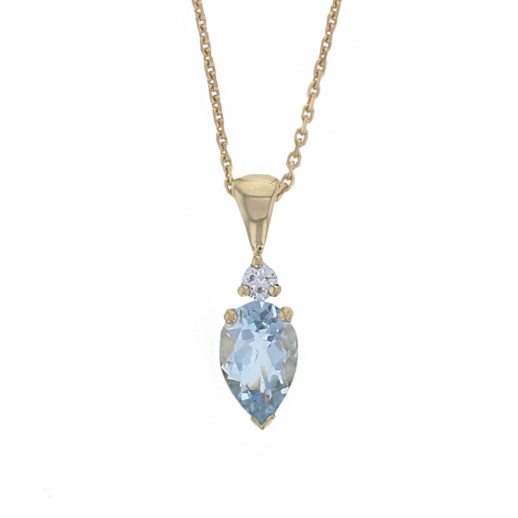 Faller pear cut aquamarine gemstone & diamond 18ct yellow gold ladies pendant with chain