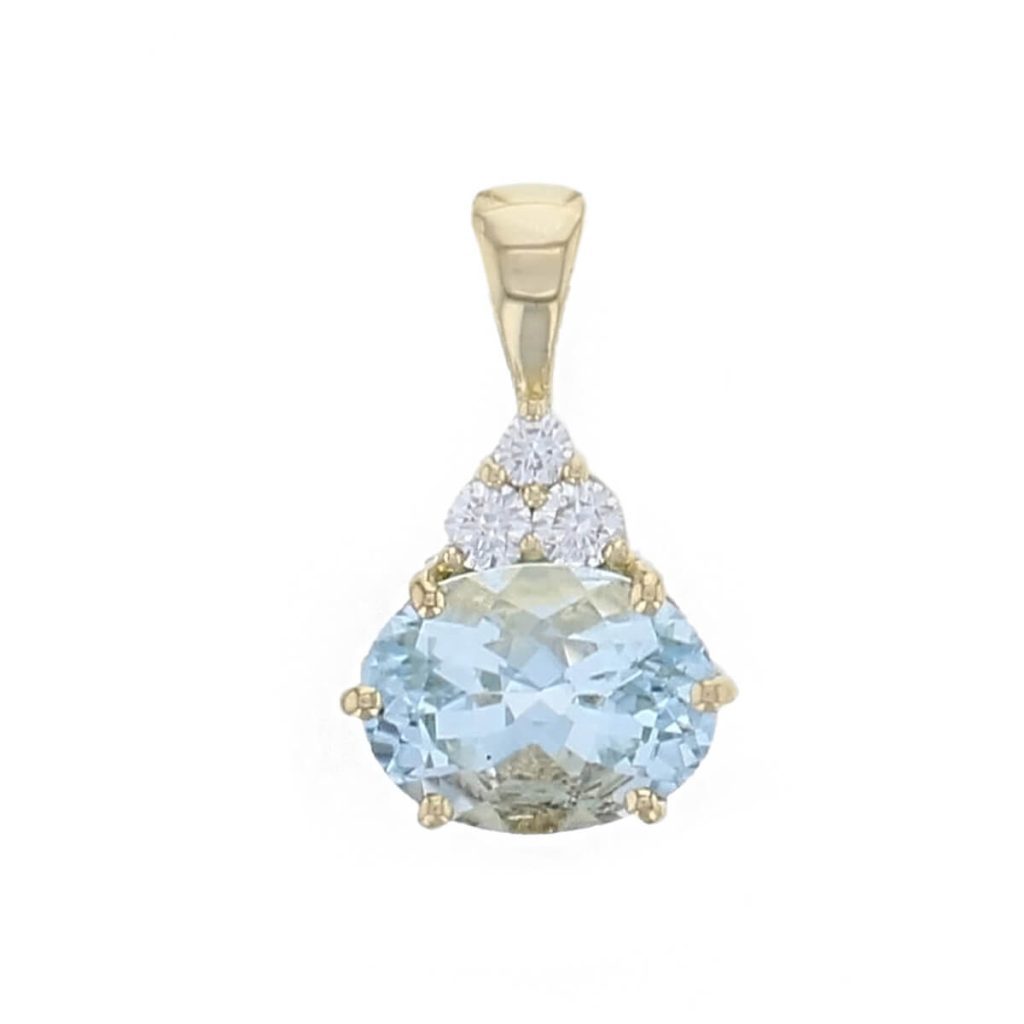 aquamarine & 3 diamond 18ct yellow gold ladies Athena pendant with chain