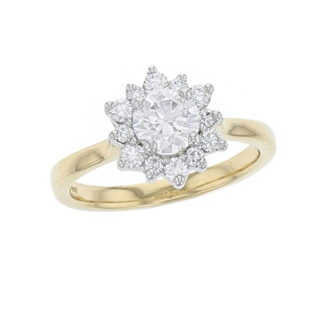 round brilliant cut diamond cluster engagement ring,