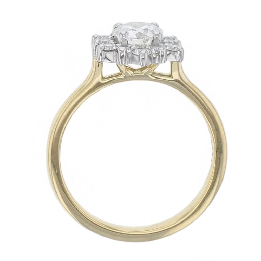 round brilliant cut diamond cluster engagement ring, 18ct yellow gold, platinum,