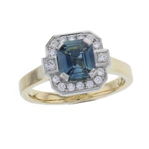 18ct yellow gold & platinum ladies teal blue sapphire & diamond designer cluster ring