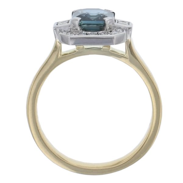 18ct yellow gold & platinum ladies teal blue sapphire & diamond designer cluster ring