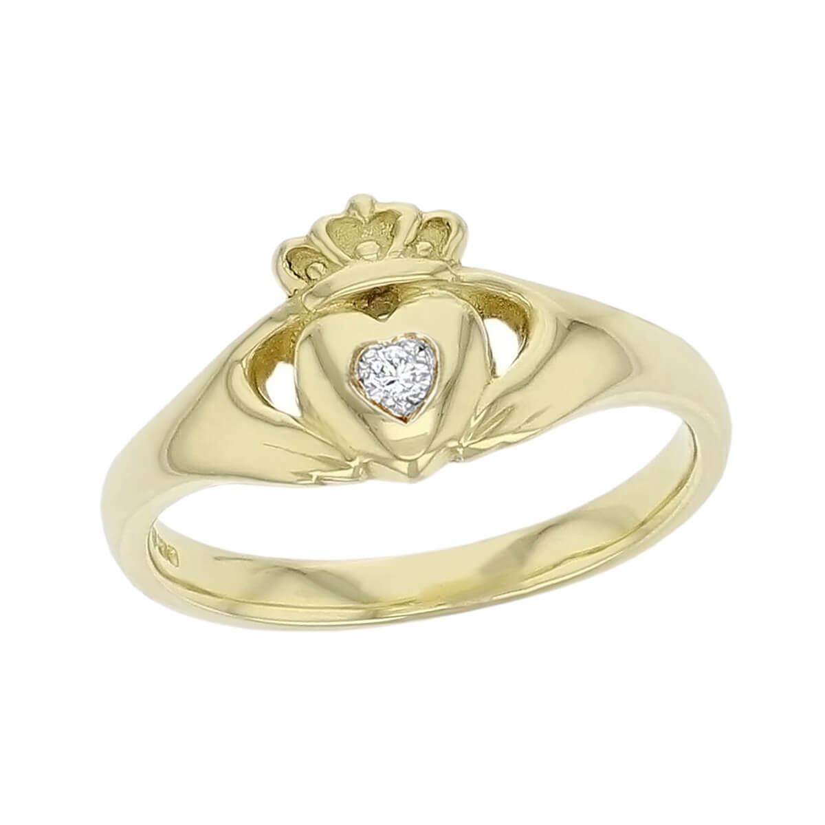 small ladies 18ct yellow gold diamond set claddagh ring