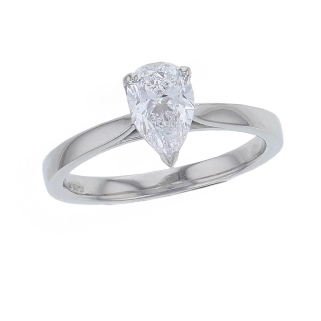 pear cut diamond solitaire engagement ring, platinum, designer, handmade by Faller, hand crafted, betrothal, promise, precious jewellery, jewelry, GIA certified, G.I.A. GIA