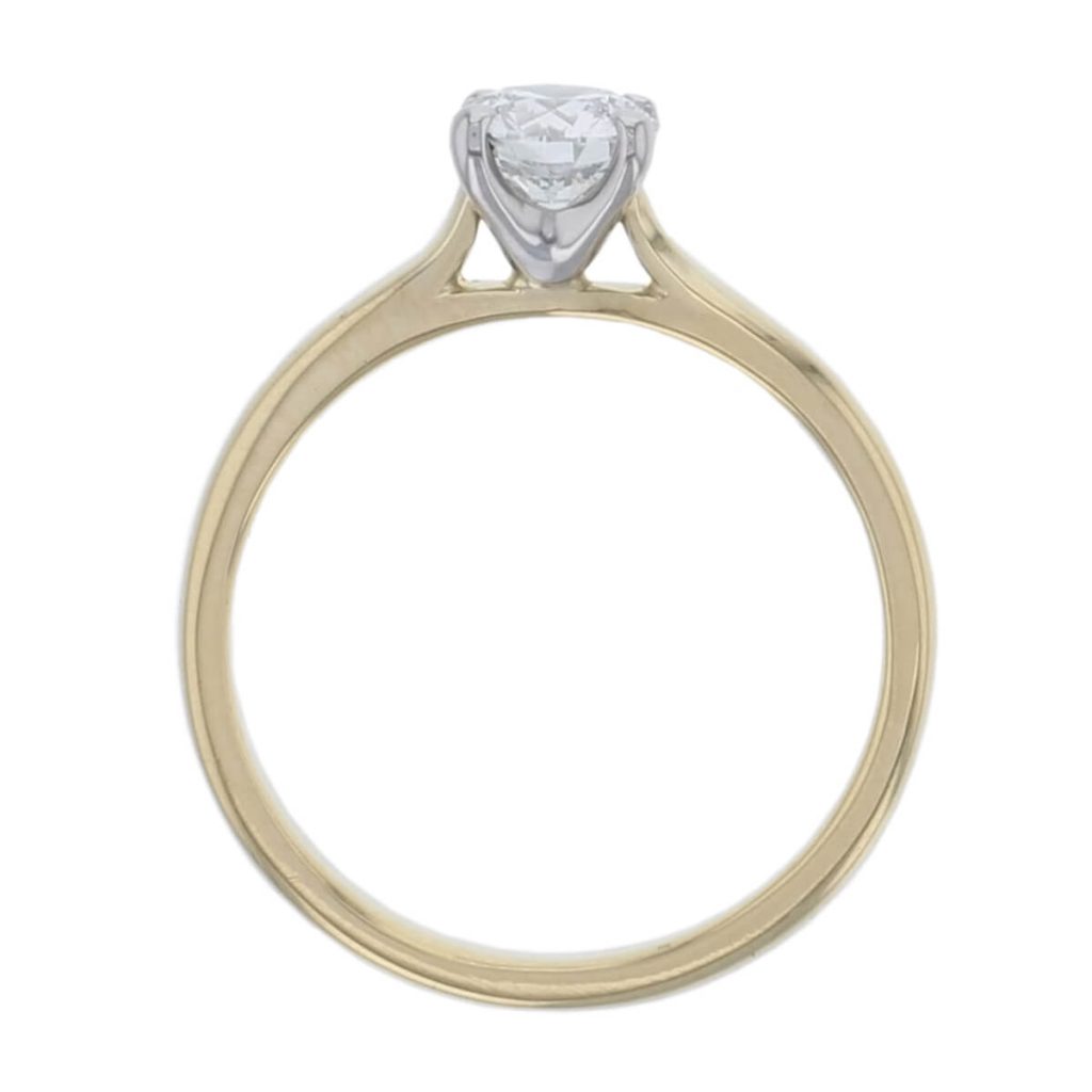 round brilliant cut diamond solitaire engagement ring, platinum & 18ct yellow gold, 18kt, designer, handmade by Faller, hand crafted, betrothal, promise, precious jewellery, jewelry, hand crafted, GIA certified, , G.I.A. GIA, 4 claw setting