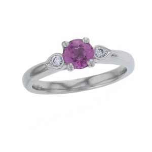 alternative engagement ring, platinum round brilliant cut diamond & round brilliant cut pink sapphire trilogy ring designer three stone dress ring handmade by Faller, hand crafted, precious jewellery, jewelry, ladies , woman