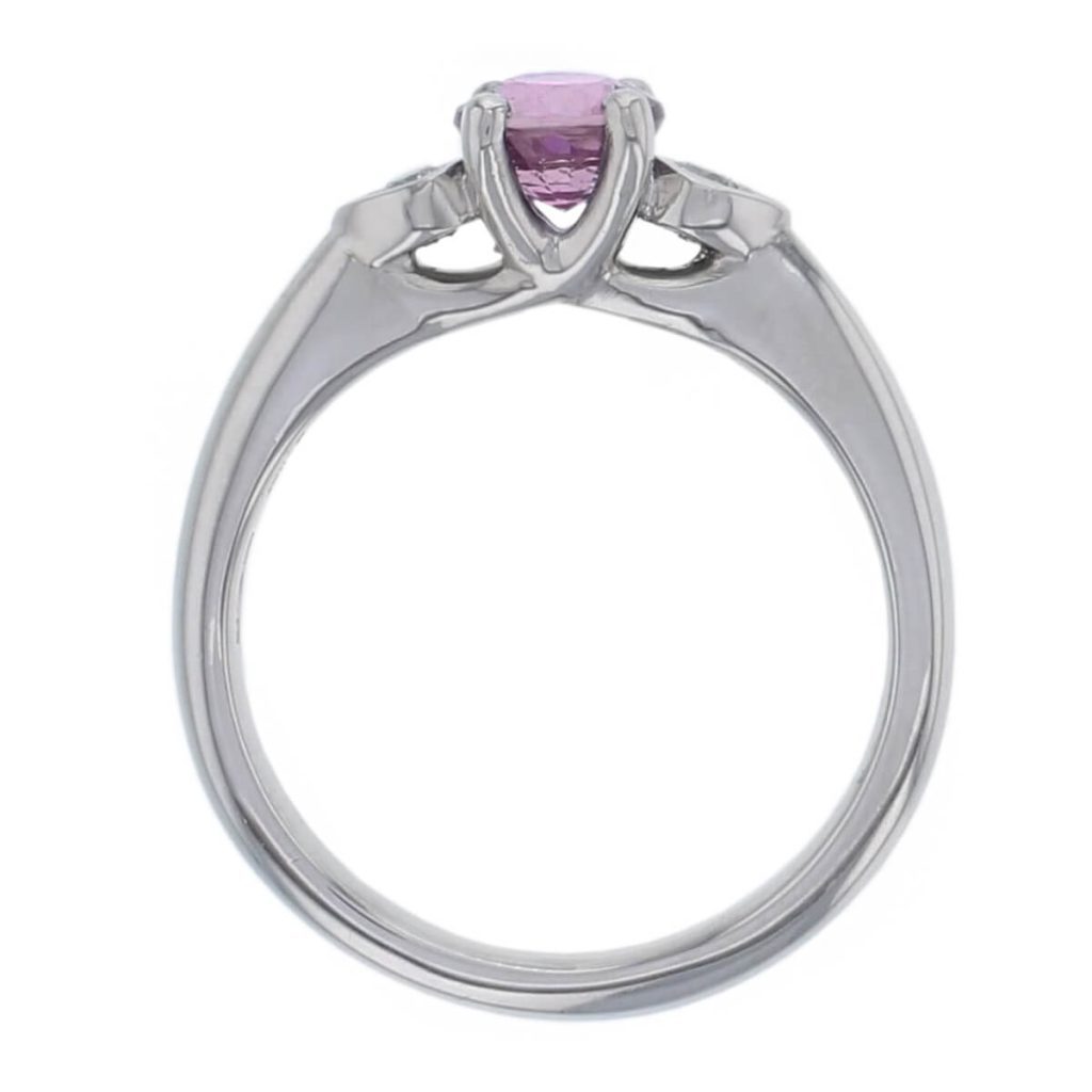 alternative engagement ring, platinum round brilliant cut diamond & round brilliant cut pink sapphire trilogy ring designer three stone dress ring handmade by Faller, hand crafted, precious jewellery, jewelry, ladies , woman