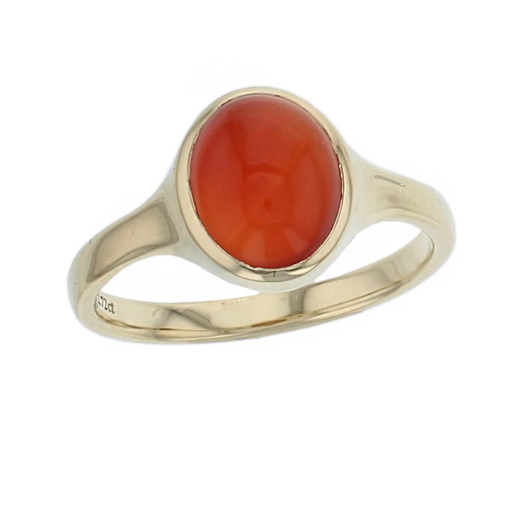 18ct yellow gold orange oval cut cabochon carnelian gemstone dress ring, designer jewellery, gem, jewelry, handmade by Faller, Londonderry, Northern Ireland, Irish hand crafted