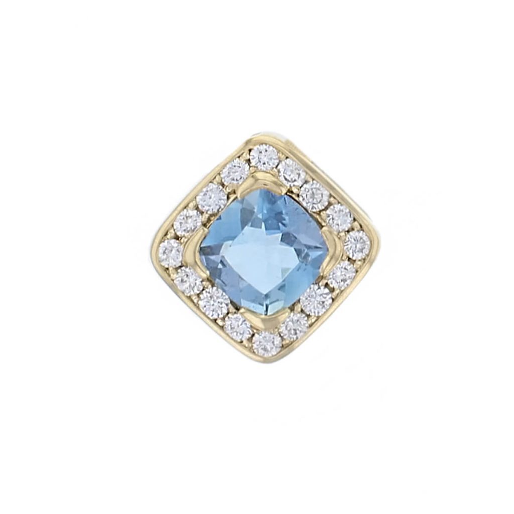 18ct yellow gold ladies cushion cut aquamarine & diamond designer cluster pendant designed & hand crafted by Faller of Derry/ Londonderry, halo pendant, precious blue gem jewellery, jewelry,