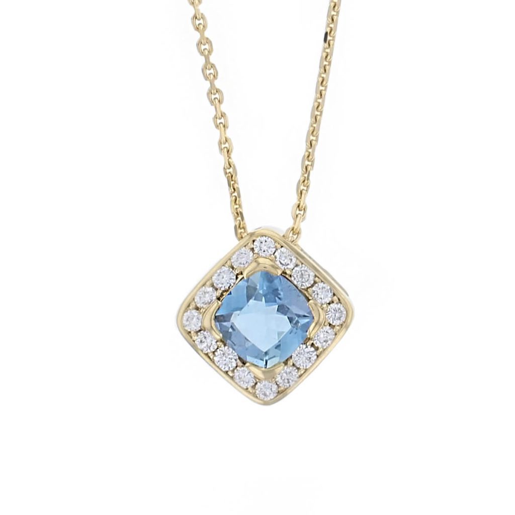 18ct yellow gold ladies cushion cut aquamarine & diamond designer cluster pendant designed & hand crafted by Faller of Derry/ Londonderry, halo pendant, precious blue gem jewellery, jewelry,