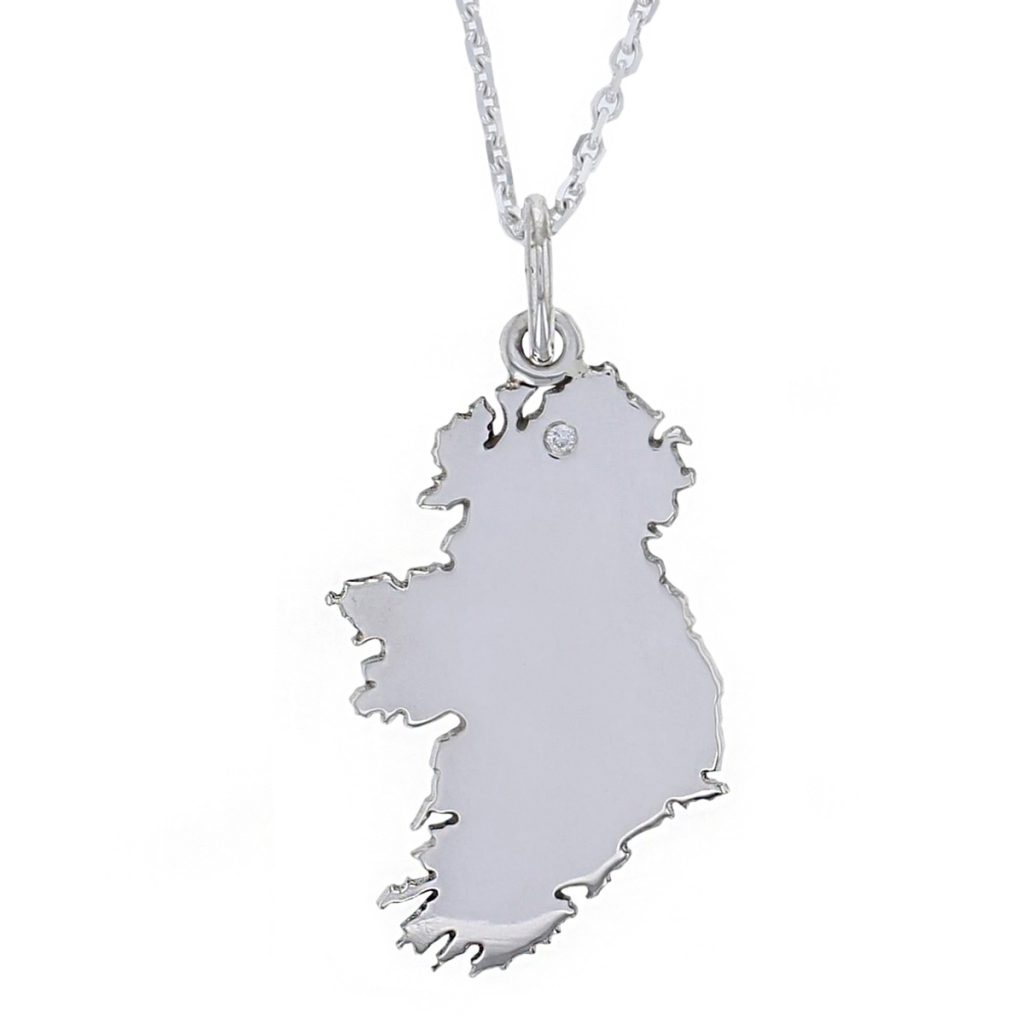Map of Ireland sterling silver pendant and chain, round brilliant cut diamond set at Derry