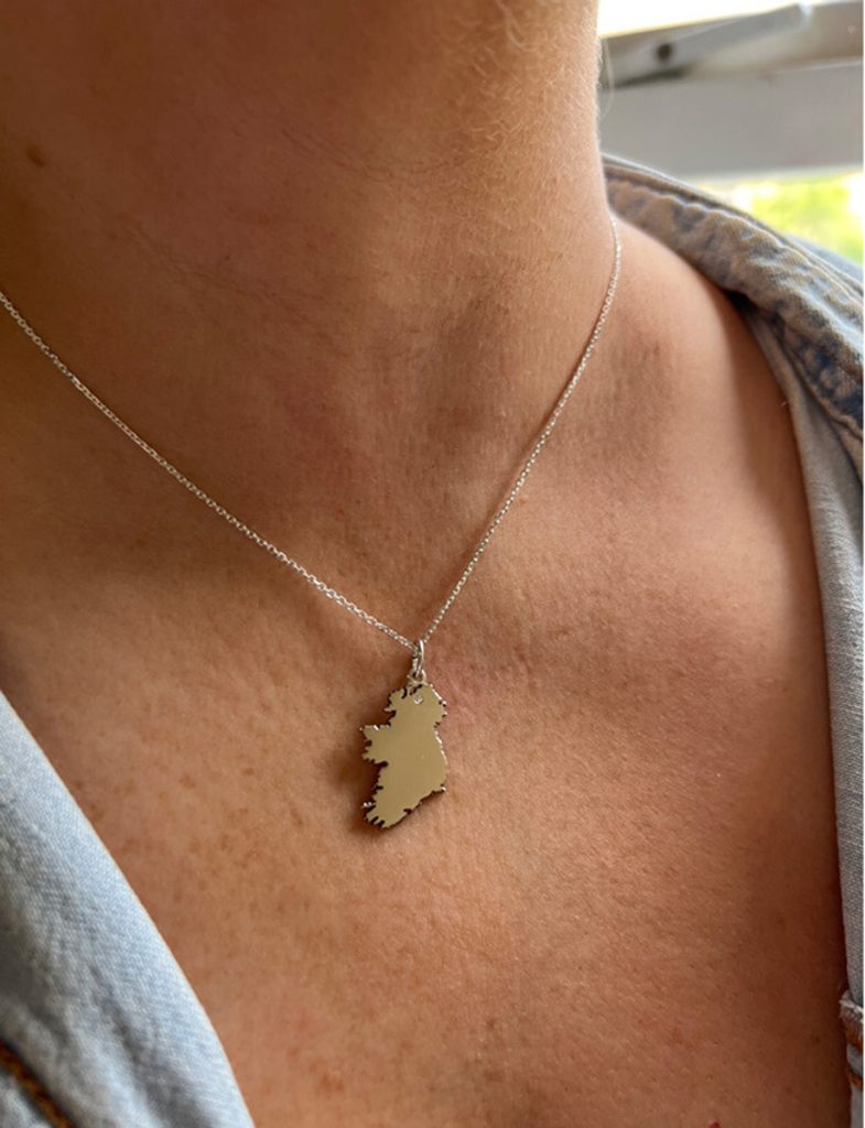 Map of Ireland sterling silver pendant and chain, round brilliant cut diamond set at Derry