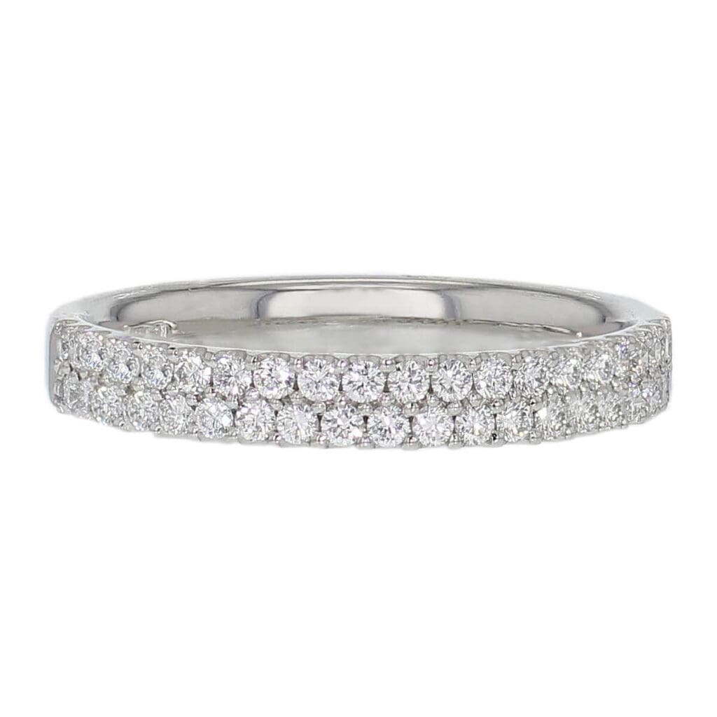 platinum ladies double row diamond eternity ring, diamond set wedding ring, woman’s bridal, personalised engraving, court profile, comfort fit, precious jewellery by Faller of Derry/ Londonderry, jewelry, claw set,