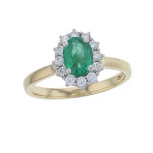 alternative engagement ring, 18ct yellow gold & platinum ladies oval cut emerald & diamond designer cluster/halo engagement ring designed & hand crafted by Faller of Derry/ Londonderry, cluster/halo dress ring, precious green gem jewellery