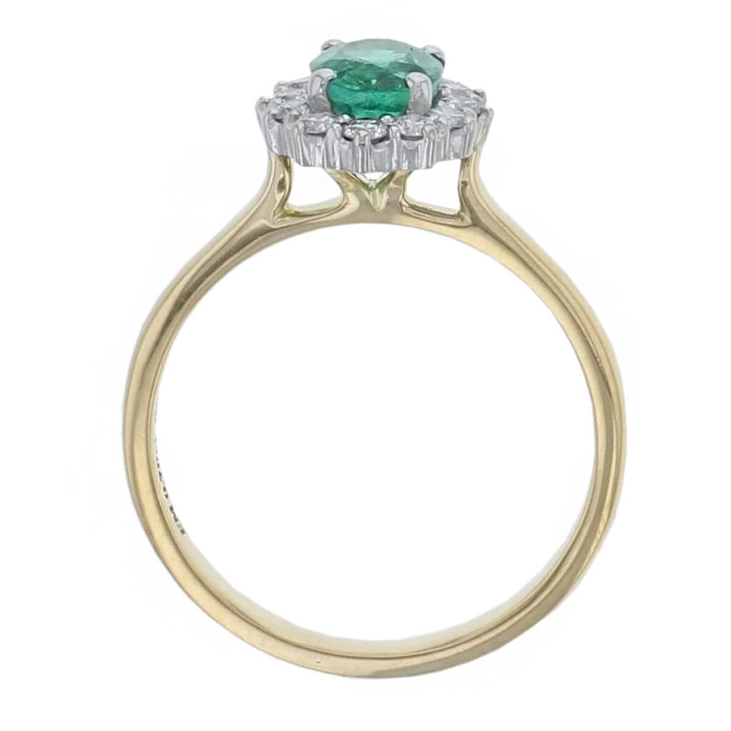 alternative engagement ring, 18ct yellow gold & platinum ladies oval cut emerald & diamond designer cluster/halo engagement ring designed & hand crafted by Faller of Derry/ Londonderry, cluster/halo dress ring, precious green gem jewellery