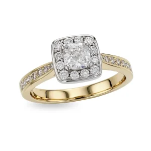 cushion cut diamond cluster engagement ring, 18ct yellow gold, platinum, designer, handmade by Faller, hand crafted, betrothal, promise, precious jewellery, jewelry, hand crafted dress ring
