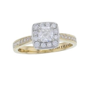 cushion cut diamond cluster engagement ring, 18ct yellow gold, platinum, designer, handmade by Faller, hand crafted, betrothal, promise, precious jewellery, jewelry, hand crafted dress ring