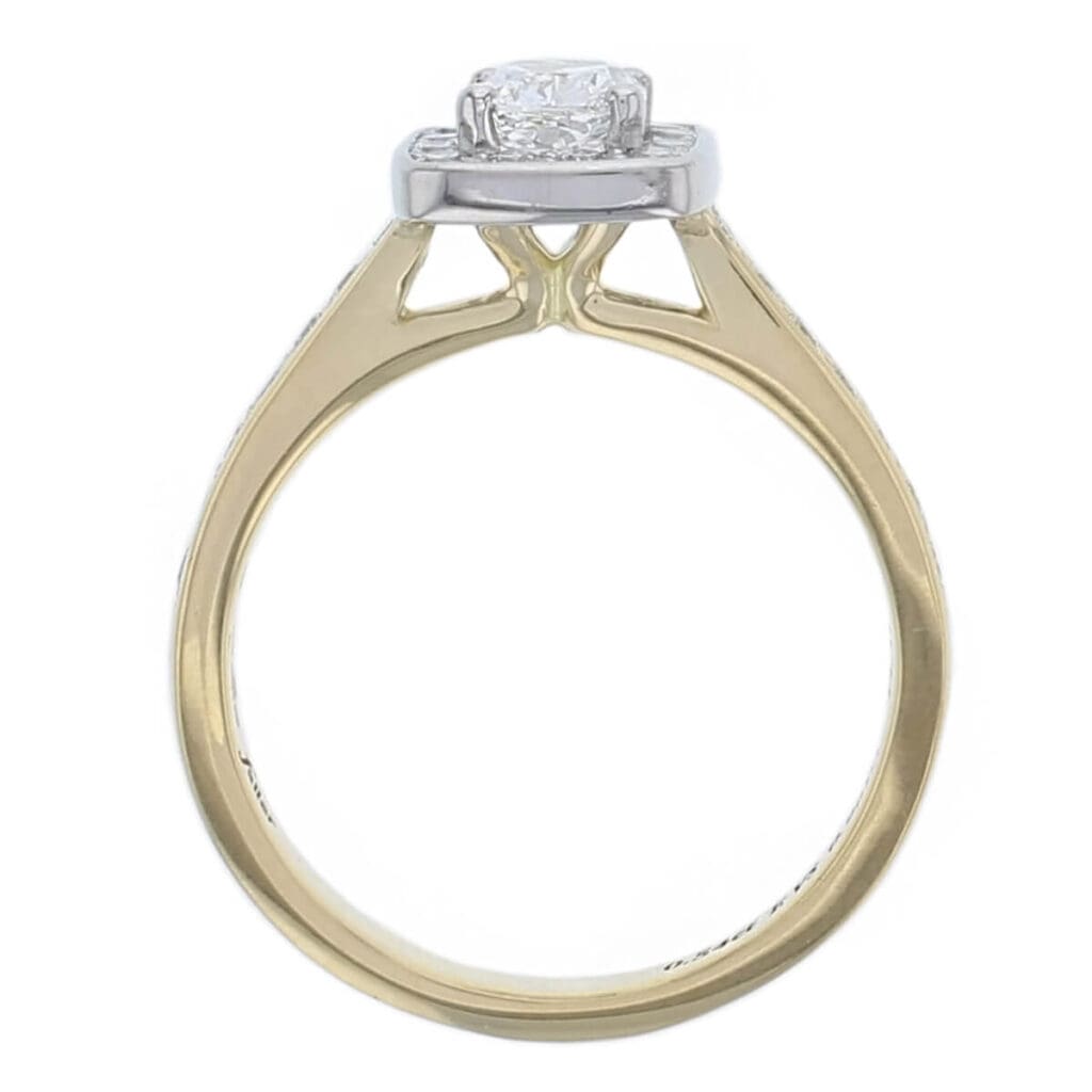 cushion cut diamond cluster engagement ring, 18ct yellow gold, platinum, designer, handmade by Faller, hand crafted, betrothal, promise, precious jewellery, jewelry, hand crafted dress ring