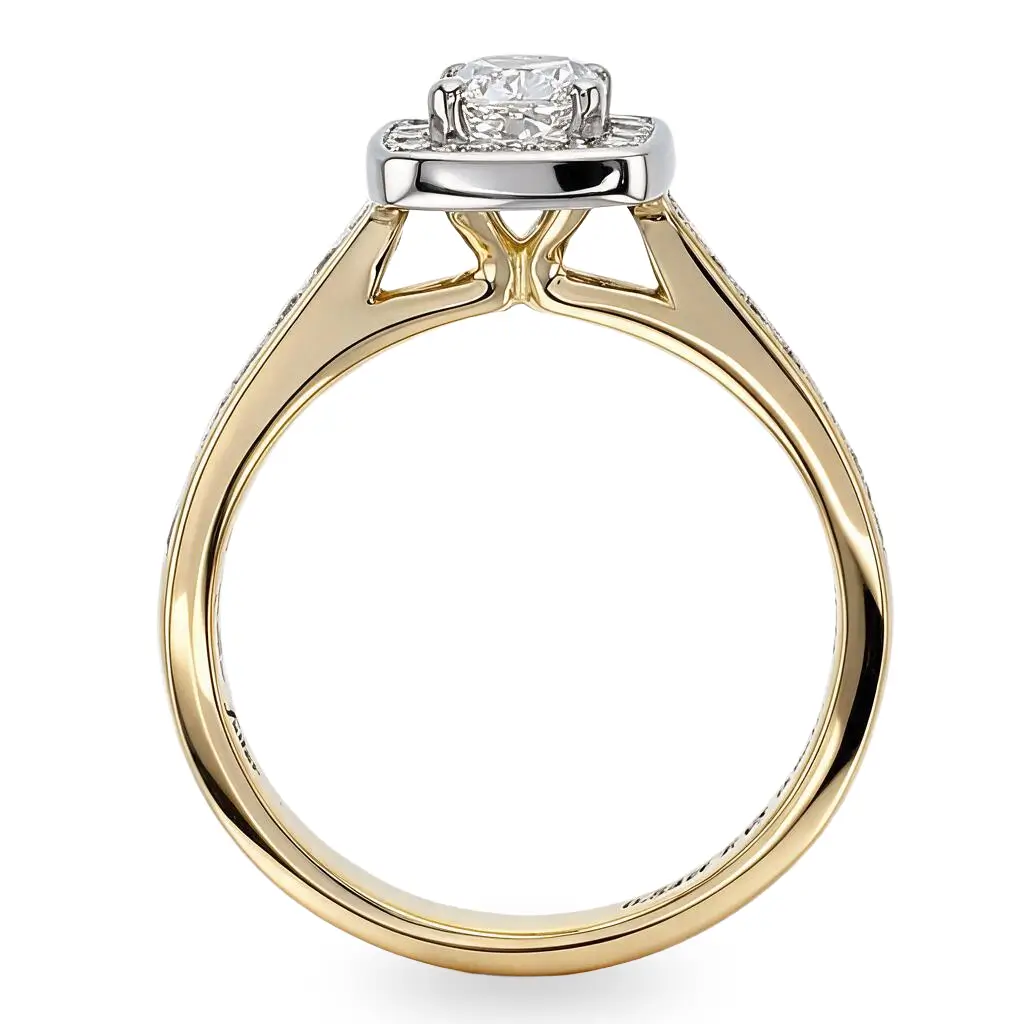 cushion cut diamond cluster engagement ring, 18ct yellow gold, platinum, designer, handmade by Faller, hand crafted, betrothal, promise, precious jewellery, jewelry, hand crafted dress ring