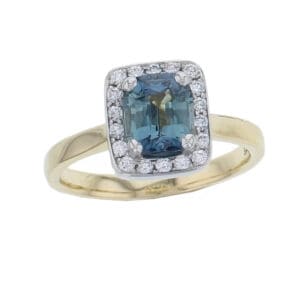 18ct yellow gold & platinum ladies teal blue sapphire & diamond designer cluster ring