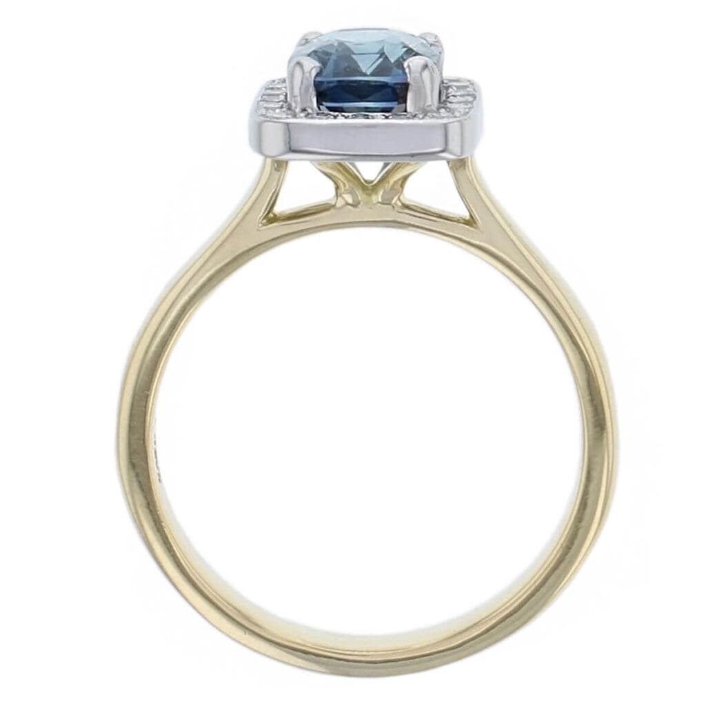 18ct yellow gold & platinum ladies teal blue sapphire & diamond designer cluster ring