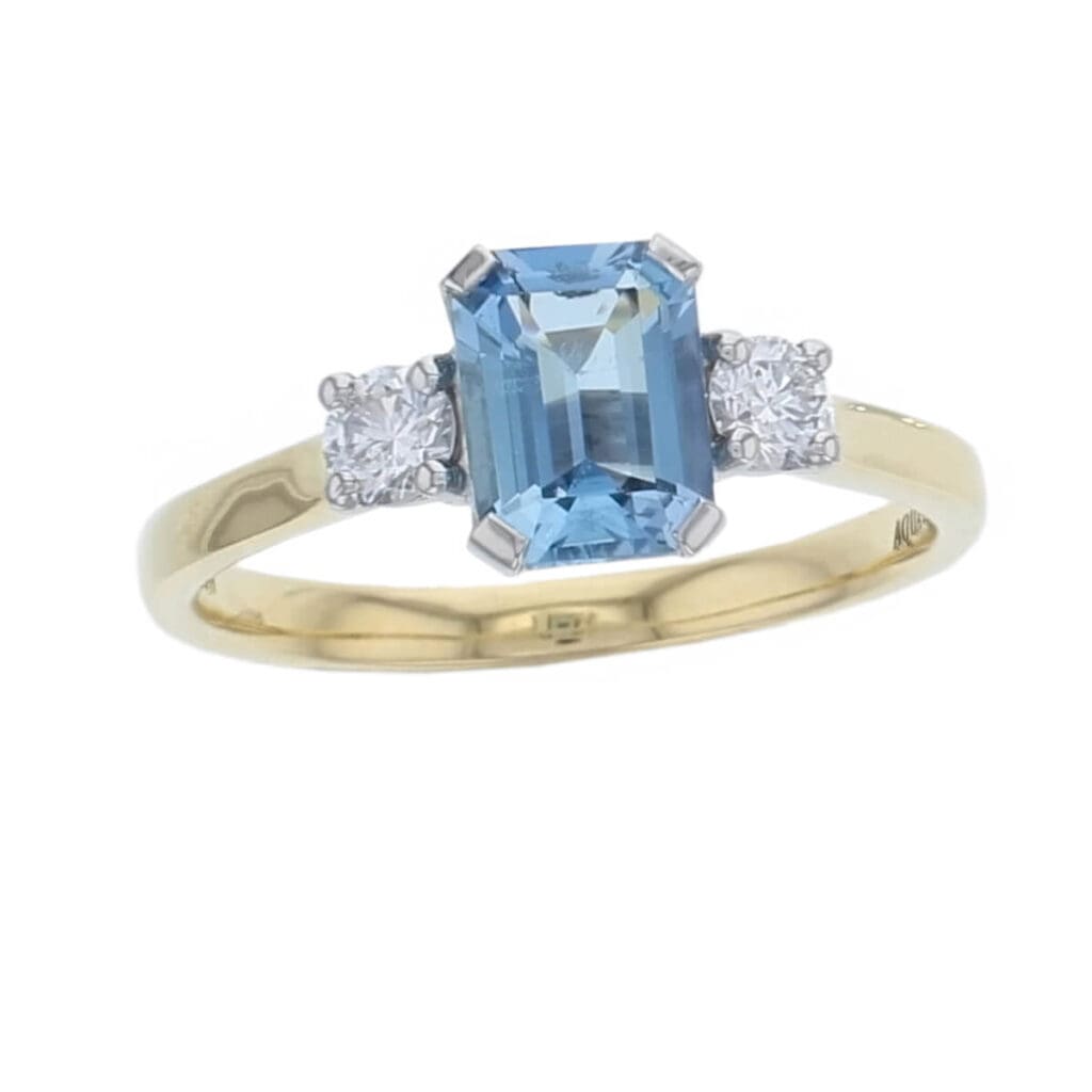 Aquamarine & Diamond 18ct Yellow Gold & Platinum Trilogy Ring
