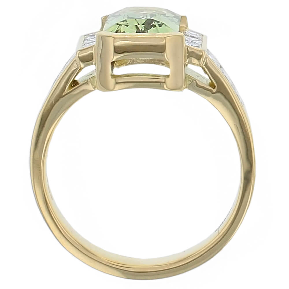 light green octagon cut chrysoberyl gem and princess cut diamond multistone 18ct yellow gold ring, side view