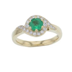 18ct yellow gold ladies round cut green emerald & diamond designer multi stone crossover halo cluster ring designed & hand crafted by Faller of Derry/ Londonderry