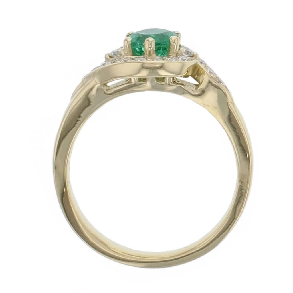 18ct yellow gold ladies round cut green emerald & diamond designer multi stone twist crossover halo cluster ring designed & hand crafted by Faller of Derry/ Londonderry, dress ring, precious gem jewellery, jewelry, shoulder set