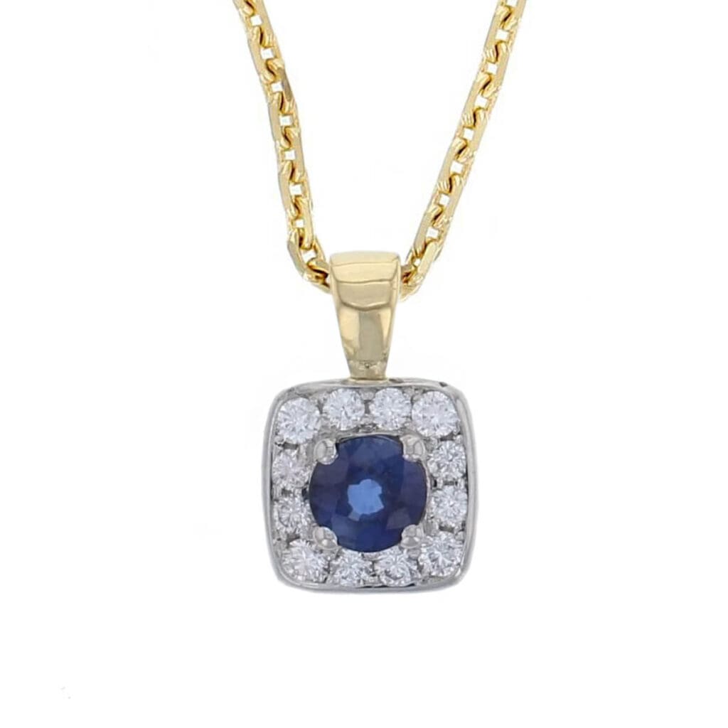 18ct yellow gold ladies oval cut blue sapphire & diamond halo pendant