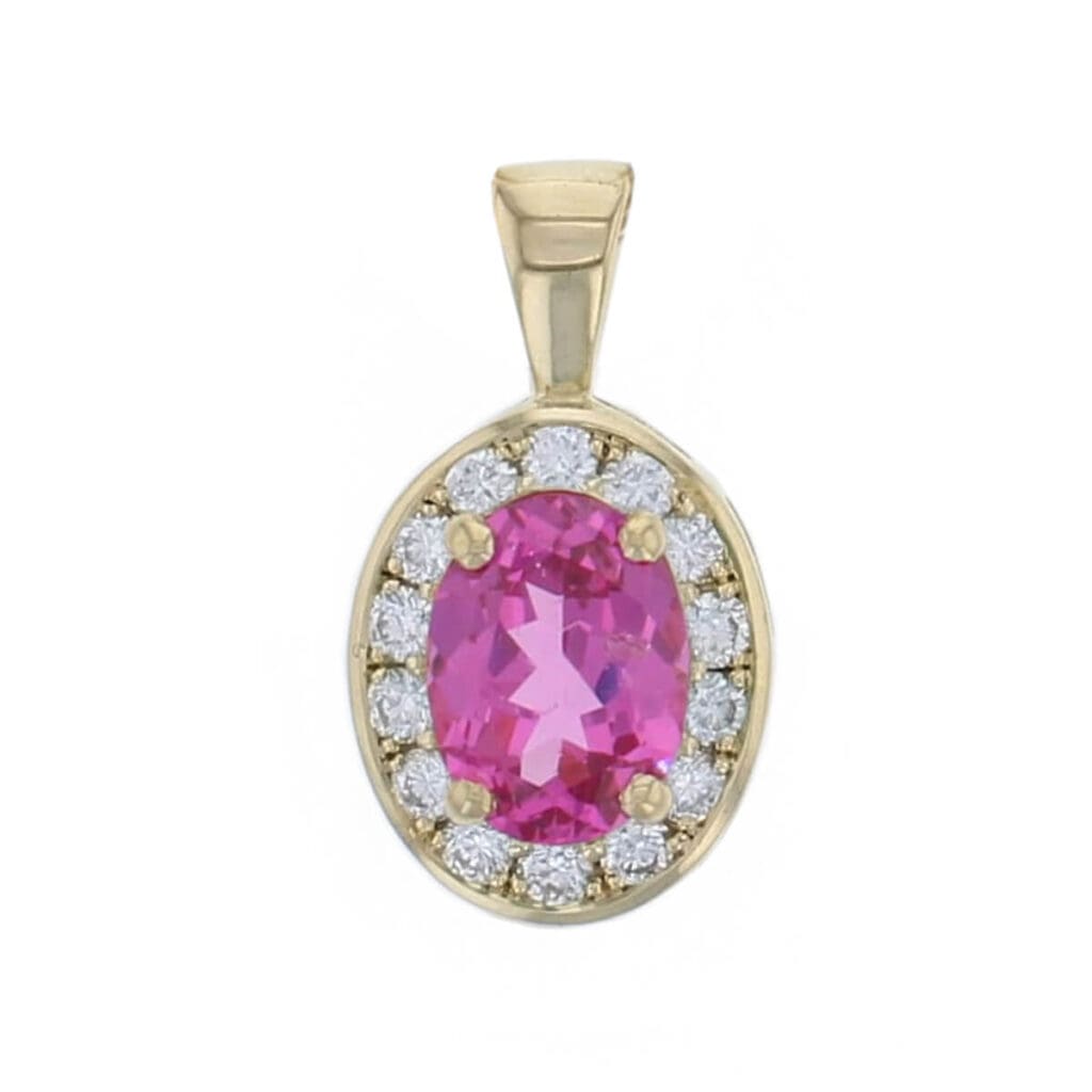 18ct yellow gold ladies oval cut pink spinel & diamond halo pendant