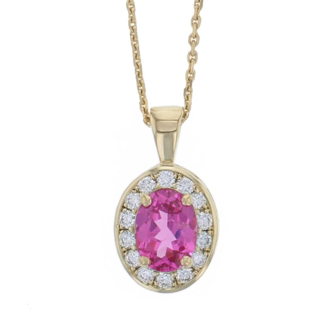 18ct yellow gold ladies oval cut pink spinel & diamond halo pendant