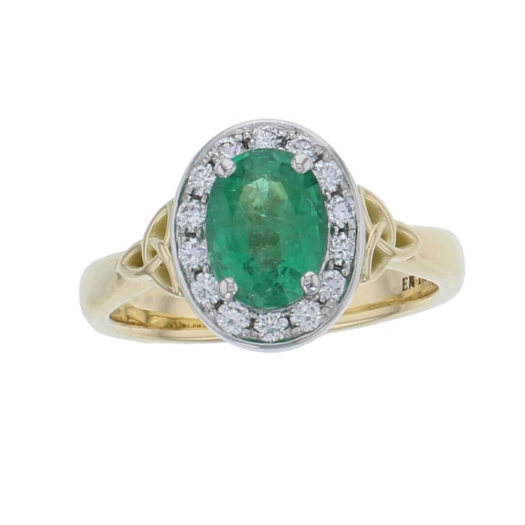 alternative engagement ring, 18ct yellow gold & platinum ladies oval cut emerald & diamond designer cluster/halo engagement ring designed & hand crafted by Faller of Derry/ Londonderry, cluster/halo dress ring, precious green gem jewellery