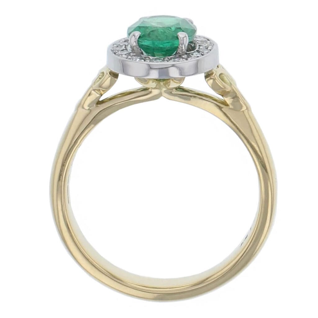 alternative engagement ring, 18ct yellow gold & platinum ladies oval cut emerald & diamond designer cluster/halo engagement ring designed & hand crafted by Faller of Derry/ Londonderry, cluster/halo dress ring, precious green gem jewellery