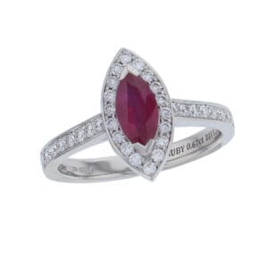 platinum ladies marquise cut ruby & diamond designer cluster engagement ring designed & hand crafted by Faller of Derry/ Londonderry, halo dress ring, precious gem jewellery, jewelry