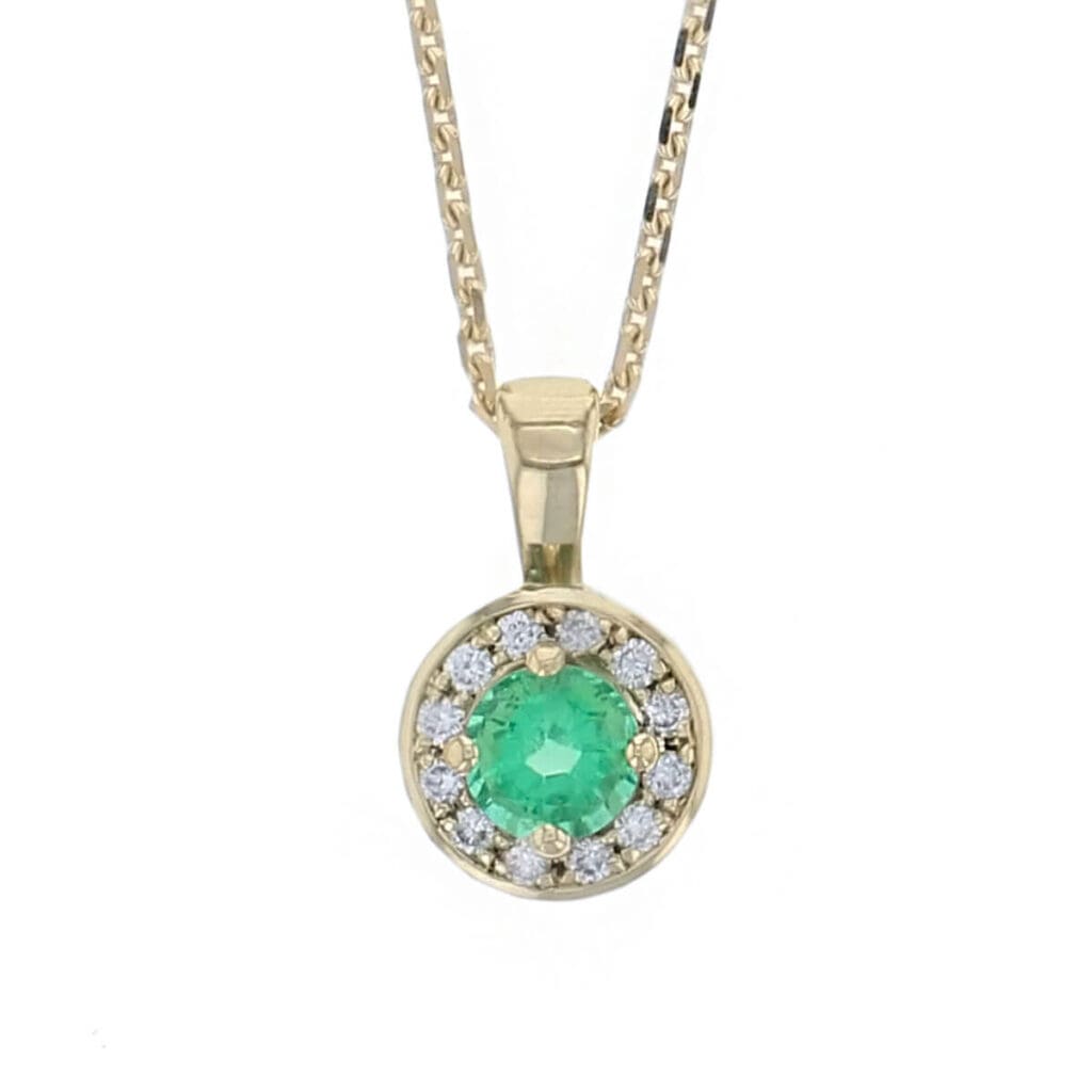 18ct yellow gold ladies round brilliant cut emerald & diamond halo pendant