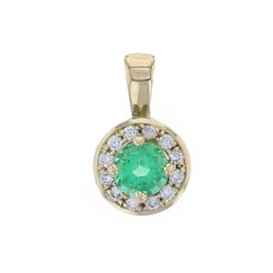 18ct yellow gold ladies round brilliant cut emerald & diamond halo pendant