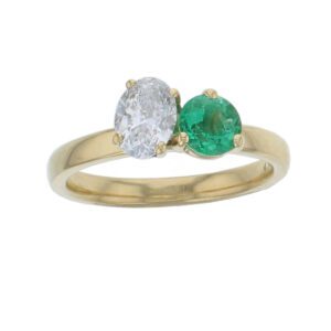 alternative engagement ring, 18ct yellow gold round brilliant cut emerald & oval cut natural diamond designer two stone dress ring handmade by Faller, hand crafted, precious jewellery, jewelry, ladies, woman
