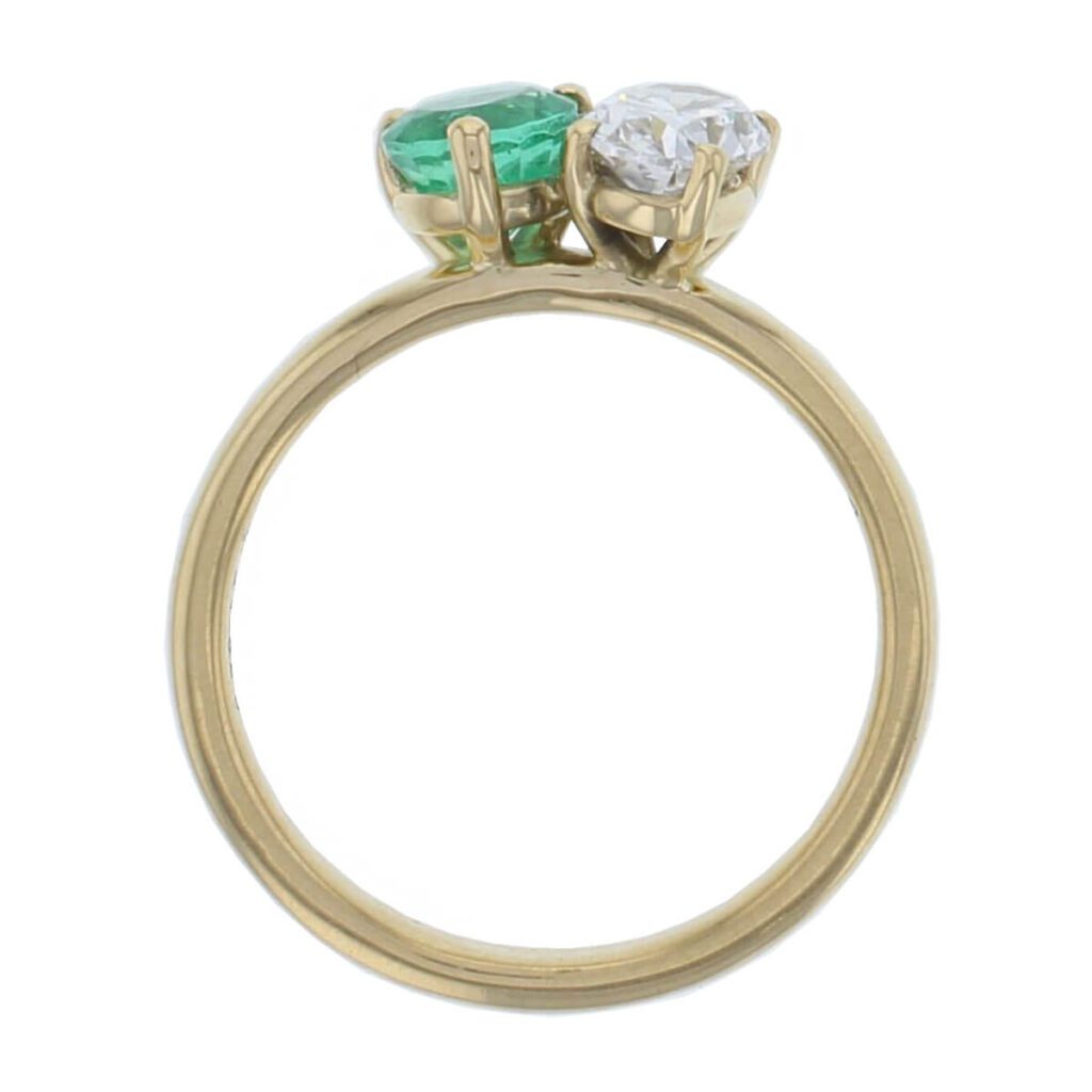 alternative engagement ring, 18ct yellow gold round brilliant cut emerald & oval cut natural diamond designer two stone dress ring handmade by Faller, hand crafted, precious jewellery, jewelry, ladies, woman