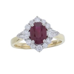 platinum & 18ct yellow gold ladies oval cut ruby & diamond designer cluster ring designed & hand crafted by Faller of Derry/ Londonderry, halo dress ring, precious gem jewellery, jewelry