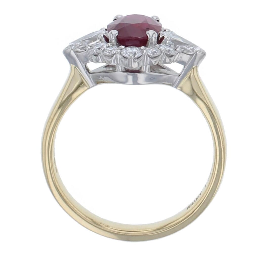 platinum & 18ct yellow gold ladies oval cut ruby & diamond designer cluster ring designed & hand crafted by Faller of Derry/ Londonderry, halo dress ring, precious gem jewellery, jewelry