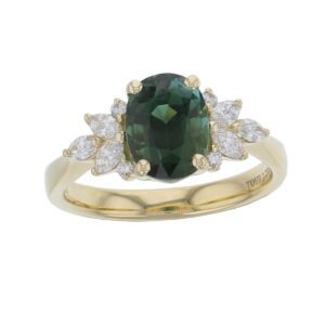 18ct yellow gold ladies oval cut green tourmaline & diamond designer ring designed & hand crafted by Faller of Derry/ Londonderry, shoulder set dress ring