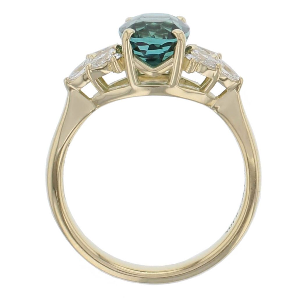 18ct yellow gold ladies oval cut green tourmaline & diamond designer ring designed & hand crafted by Faller of Derry/ Londonderry, shoulder set dress ring