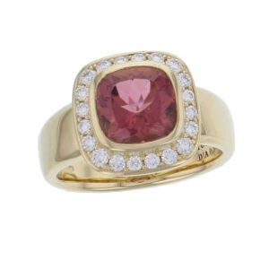 Pink tourmaline & Diamond 18ct Yellow Gold Cluster/Halo Ring