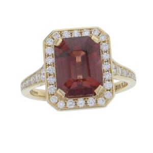 18ct yellow gold ladies octagon cut brown zircon & diamond designer cluster ring designed & hand crafted by Faller of Derry/ Londonderry, halo dress ring, precious gem jewellery, jewelry