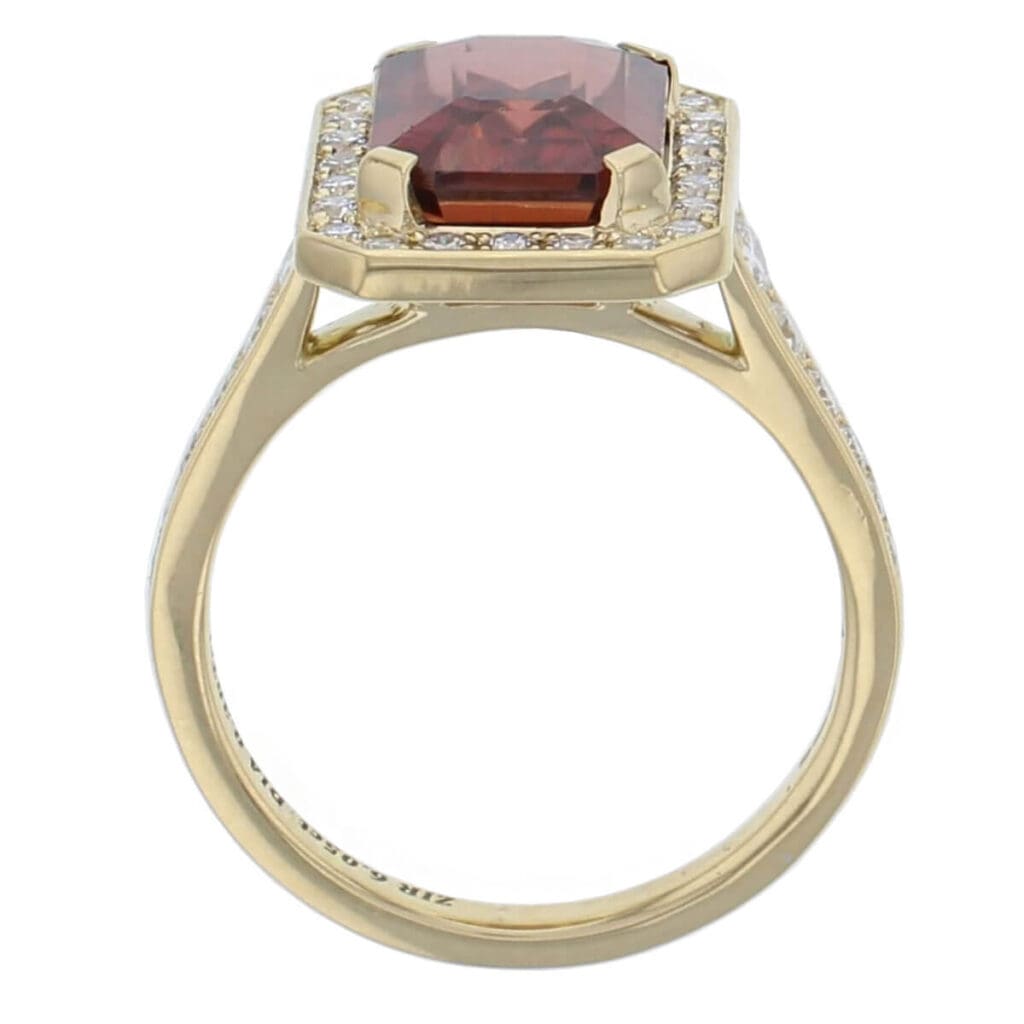 18ct yellow gold ladies octagon cut brown zircon & diamond designer cluster ring designed & hand crafted by Faller of Derry/ Londonderry, halo dress ring, precious gem jewellery, jewelry